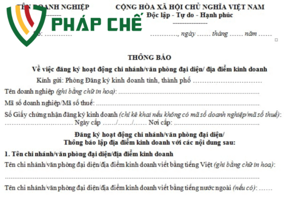 mẫu đăng ký thành lập chi nhánh công ty

