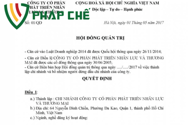Mẫu Quyết định Thành lập Chi nhánh Công ty TNHH  2 mẫu quyết định thành lập chi nhánh công ty tnhh